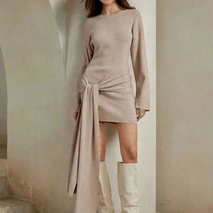 Apricot Casual Women's Crew Neck Long Sleeve Tie Hem Casual Sweater Dress